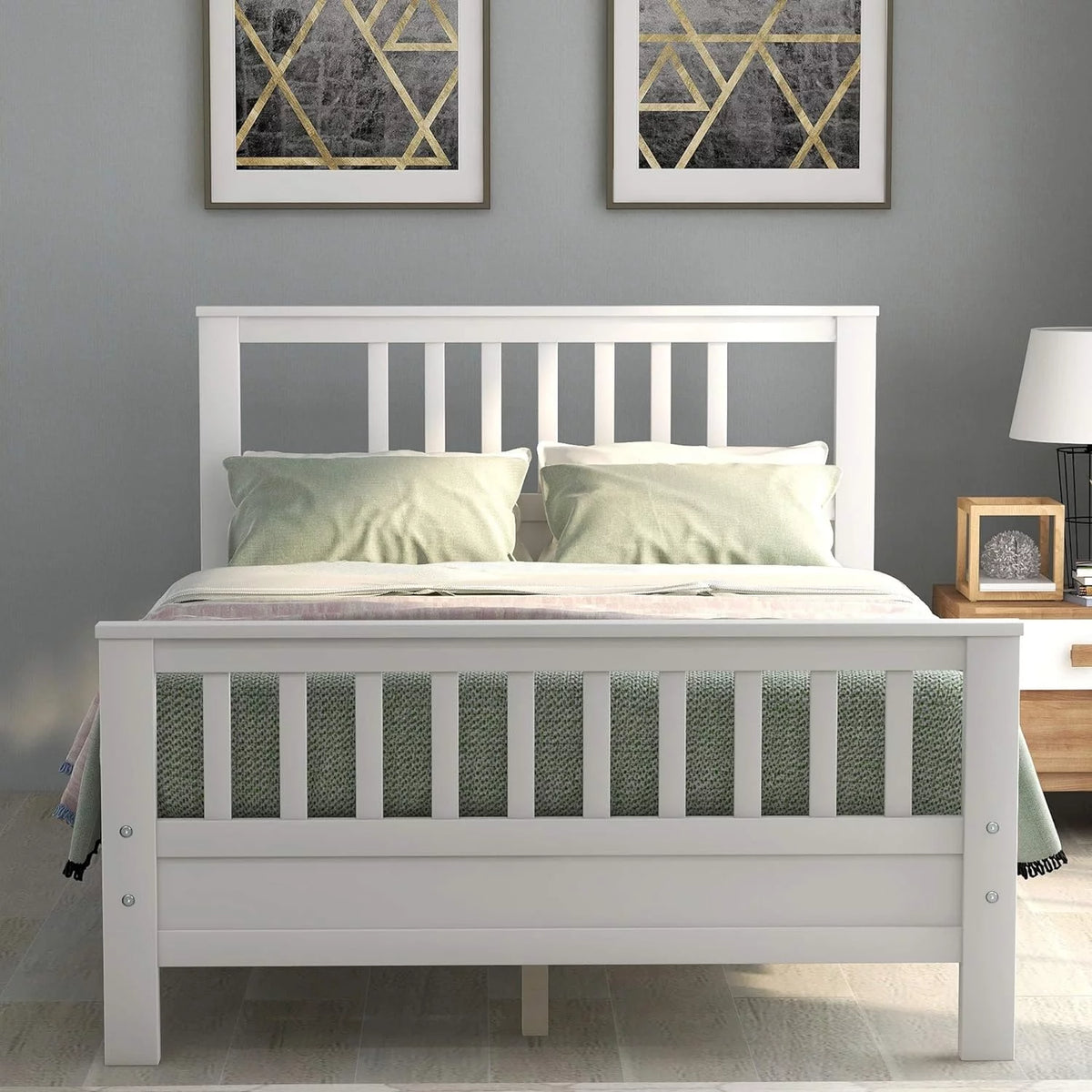 Full Size White Wood Platform Bed with Headboard and Footboard U518