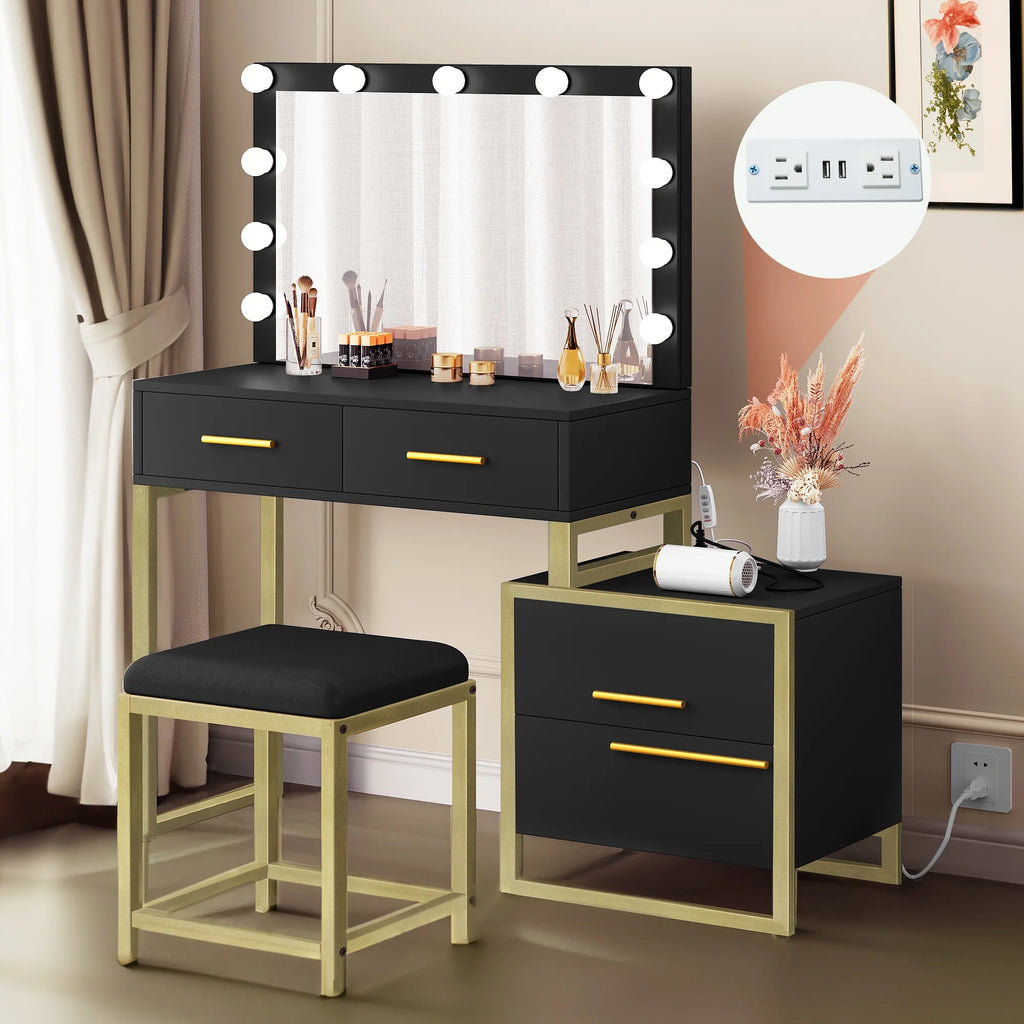 Black Makeup Vanity with Mirror and LED Lights H657395