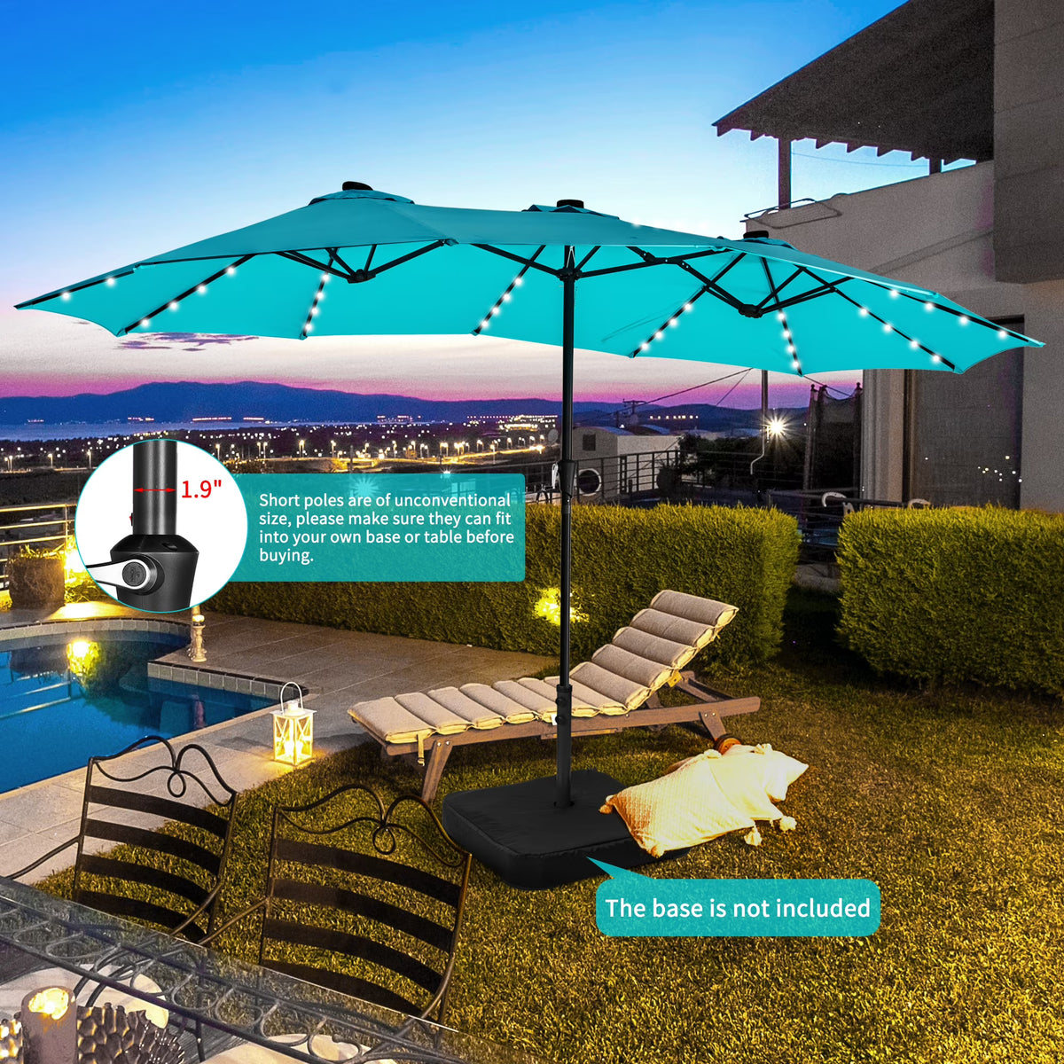 15ft Double-Sided Patio Solar Umbrella with Tilt and Crank, Blue K564
