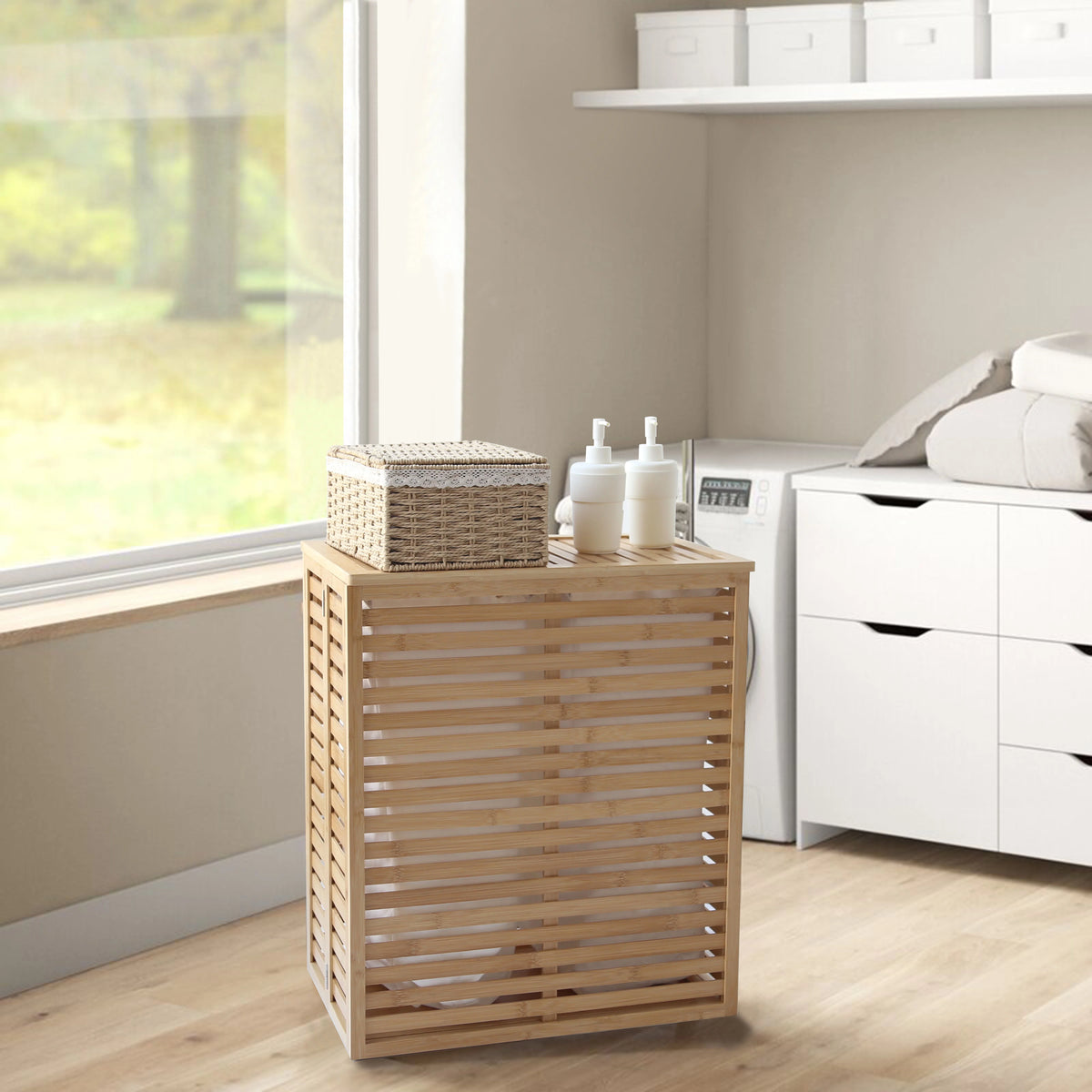 Foldable Bamboo Laundry Hamper with Lid and Liner Bag I6373