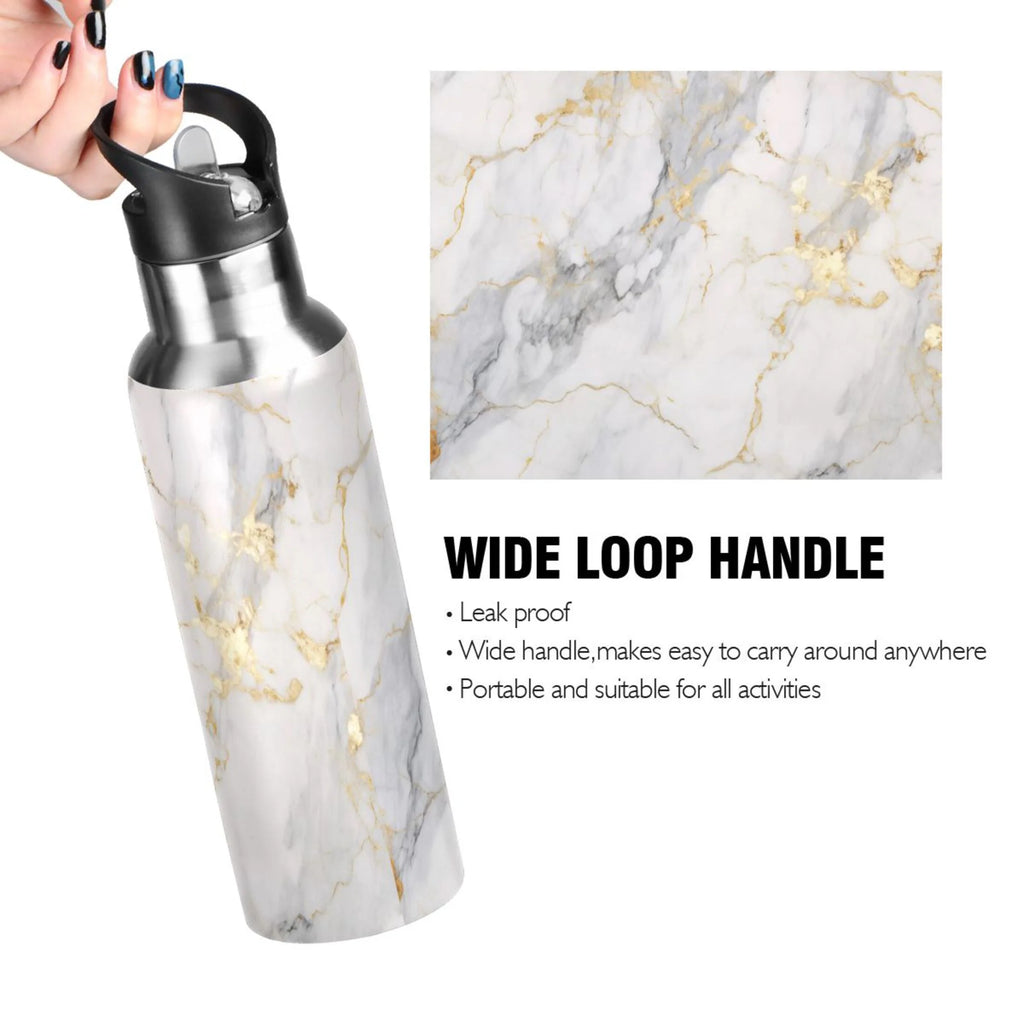 White and Golden Marble Stainless Steel Insulated Water Bottle with Straw Lid E1789