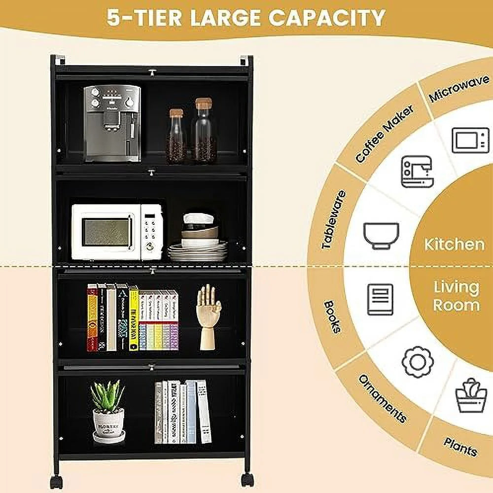 Black 5-Tier Kitchen Cabinet with 4 Rolling Casters H8659