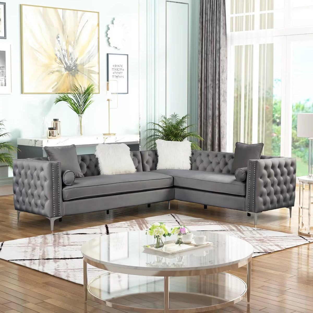 L-Shape Sectional Sofa Velvet Corner Couch Sleeper with Pillows Gray Y516