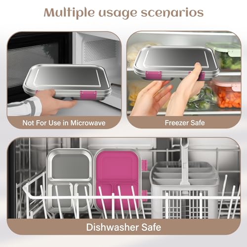 Pink 3 Compartments Leak Proof Stainless Steel Bento Lunch Box U29588