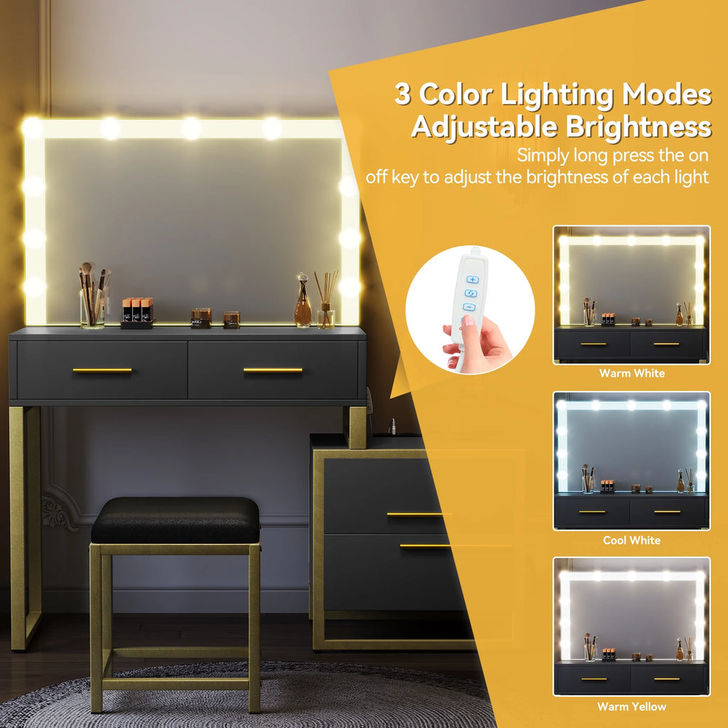 Black Makeup Vanity with Mirror and LED Lights H657395