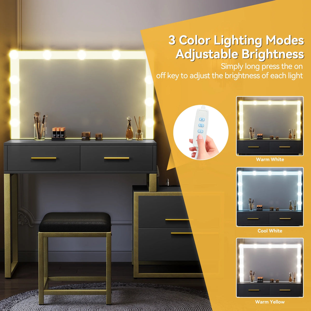 Black Makeup Vanity with Mirror and LED Lights H657395