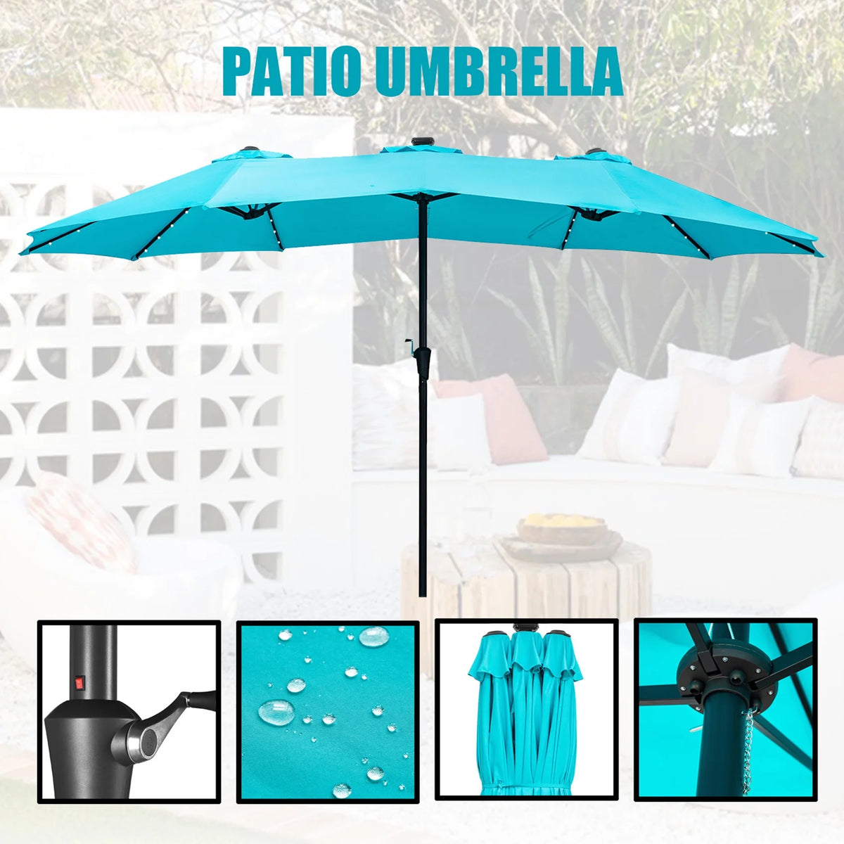 15ft Double-Sided Patio Solar Umbrella with Tilt and Crank, Blue K564