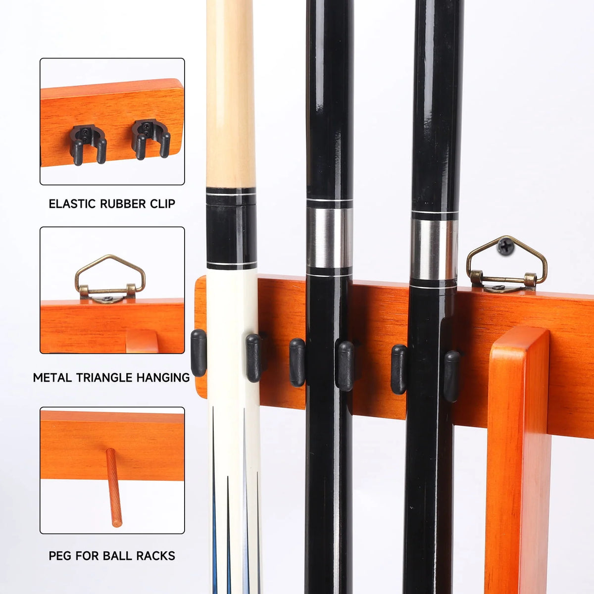 Wall Mounted Pool Cue Rack Holds 6 Cue Stick and Ball - Black Z3346