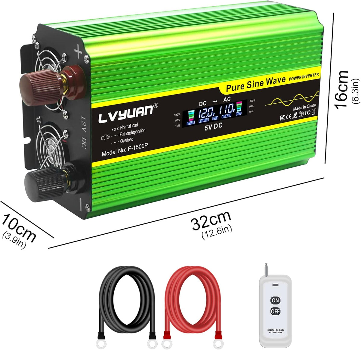 Pure Sine Wave Inverter 1600 Watts DC 12V to AC 110V with Remote Controller and LCD Display Z941