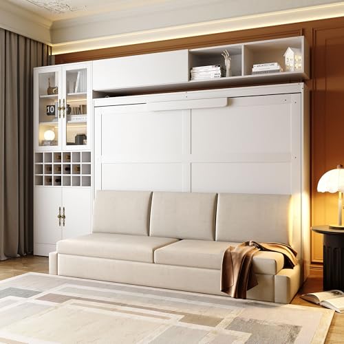 Grey Queen Size Murphy Bed with Sofa and Shelves T859