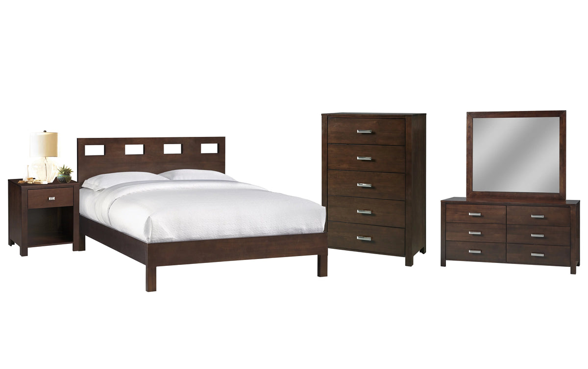 5PC Twin Platform Bed Nightstand Dresser Mirror & Chest Set in Mocha Brown Mahogany J91099
