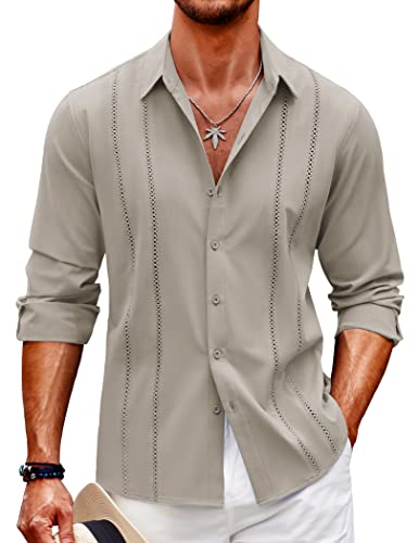 Mens Cuban Guayabera Button Down Long Sleeve Linen Shirt N69339