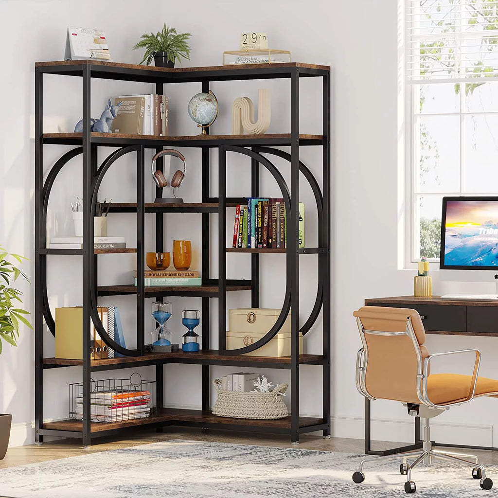 Rustic Brown & Black 7 Shelf Corner Bookshelf V9951