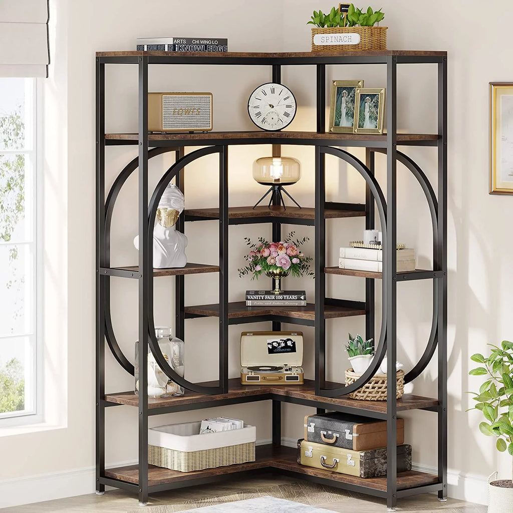 Rustic Brown & Black 7 Shelf Corner Bookshelf V9951