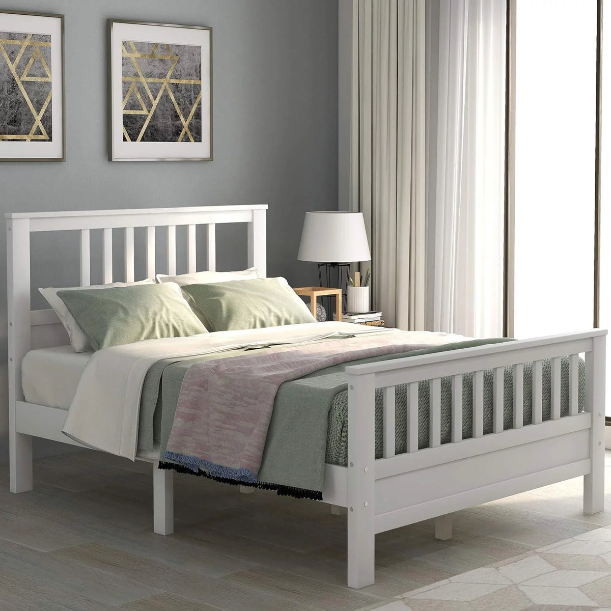 Full Size White Wood Platform Bed with Headboard and Footboard U518