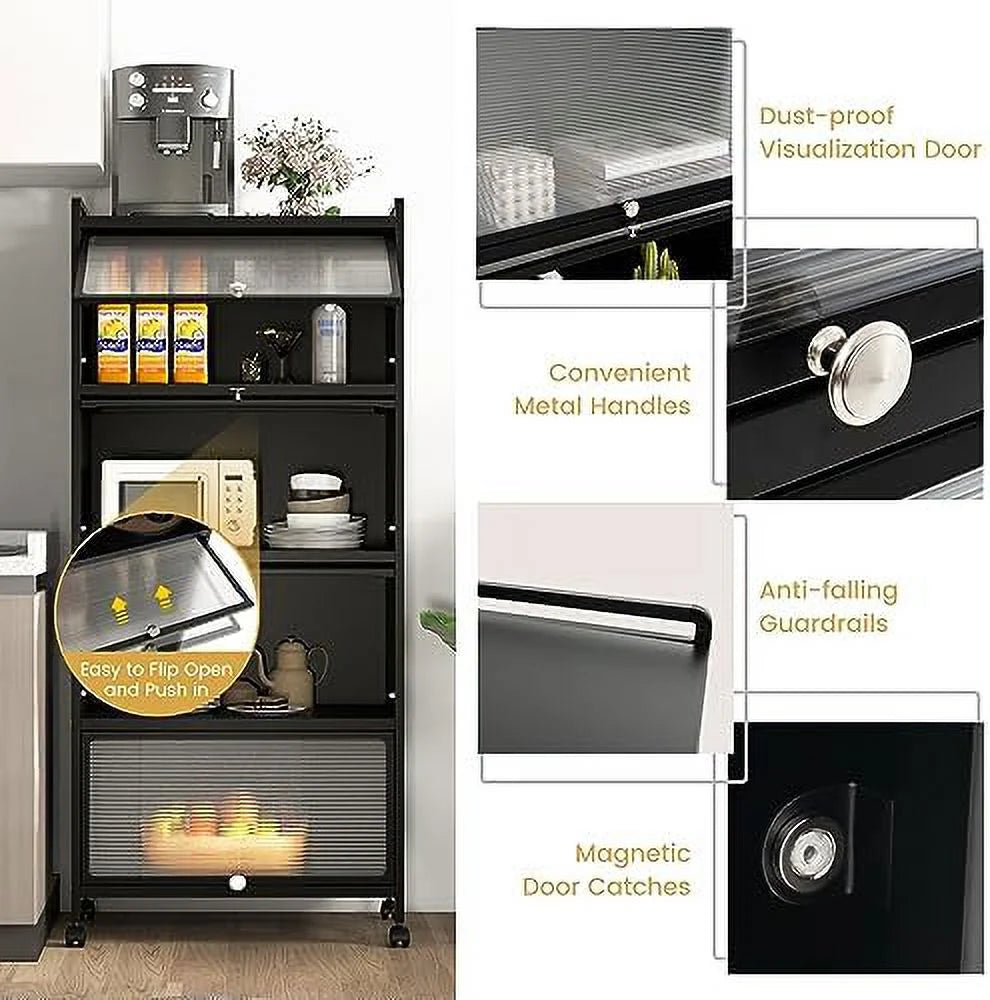 Black 5-Tier Kitchen Cabinet with 4 Rolling Casters H8659