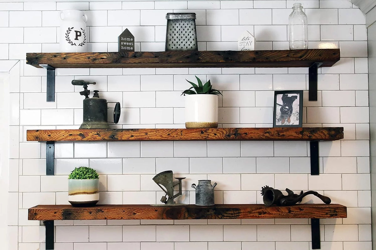 Reclaimed Wood Mantel Shelf with Steel Angle Brackets U46447