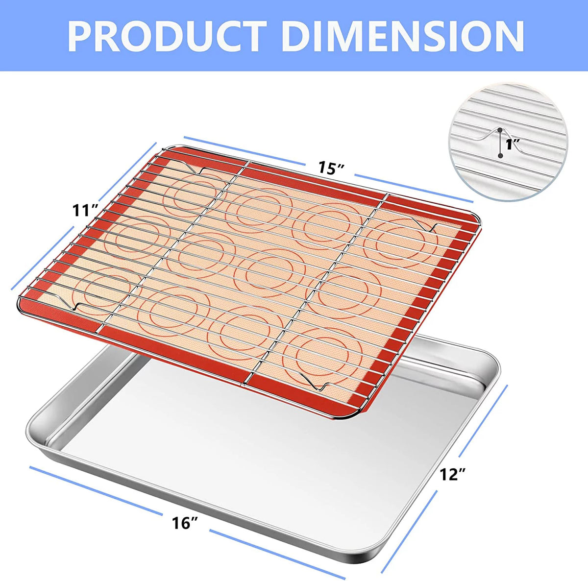 16 inch Stainless Steel Baking Sheet with Rack & Mat Set of 6 Z1837