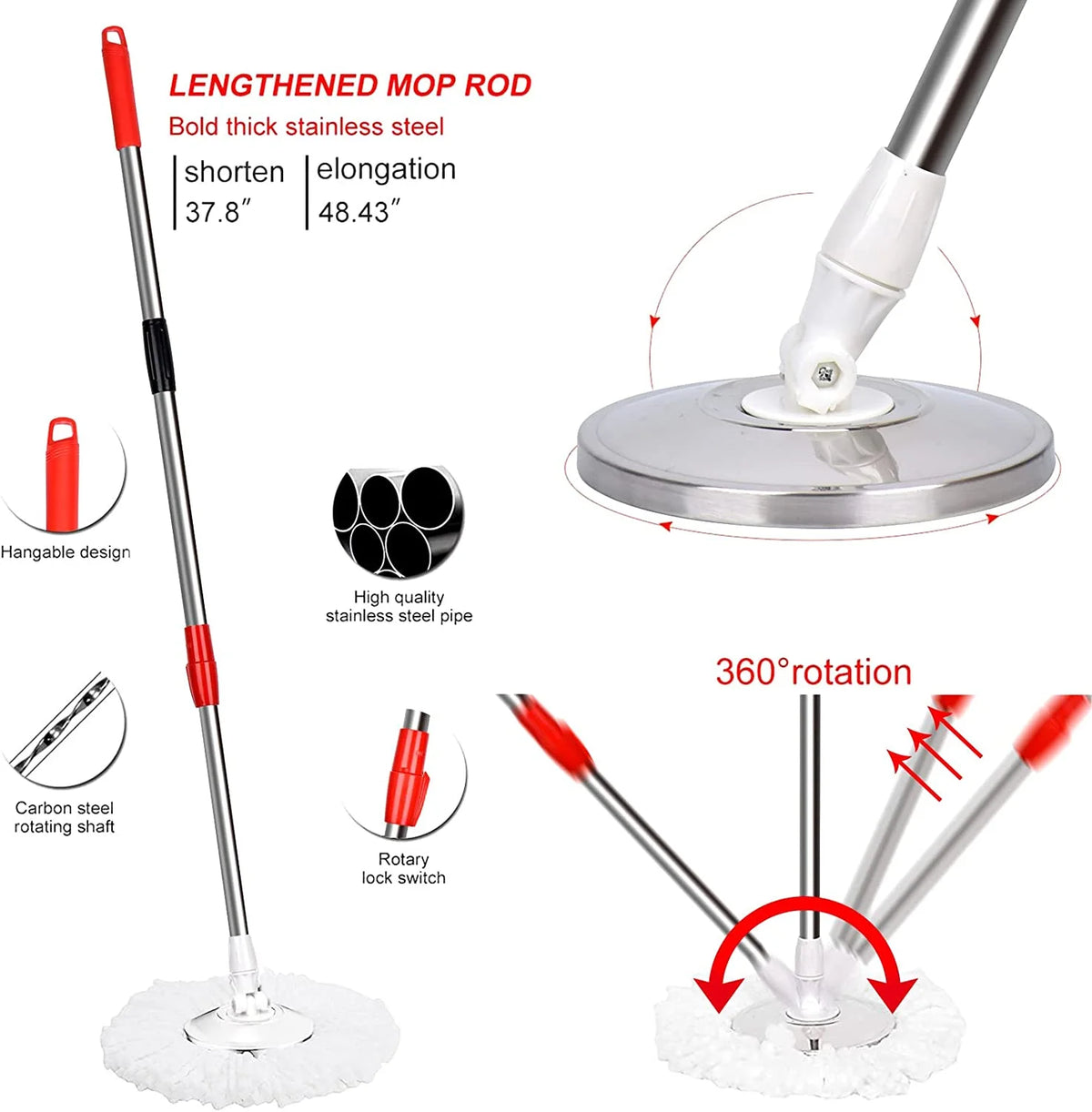 360° Rotating Stainless Steel Mop Bucket with 3x Microfiber Mop Head N5430