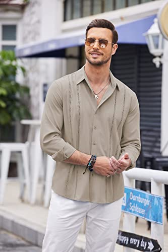Mens Cuban Guayabera Button Down Long Sleeve Linen Shirt N69339