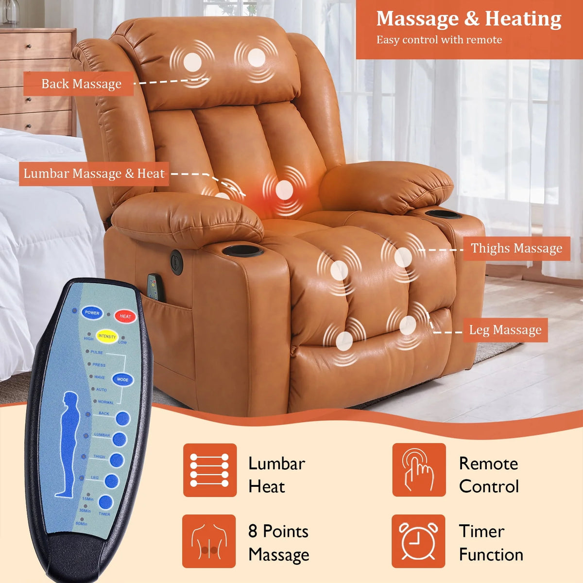 Large Power Lift Recliner Chair with Heat and Massage Leather Brown M383808