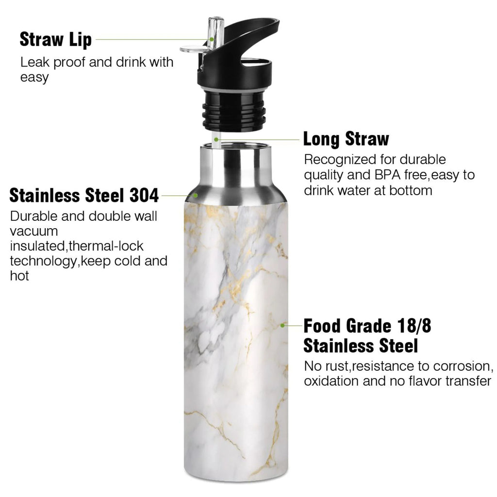 White and Golden Marble Stainless Steel Insulated Water Bottle with Straw Lid E1789