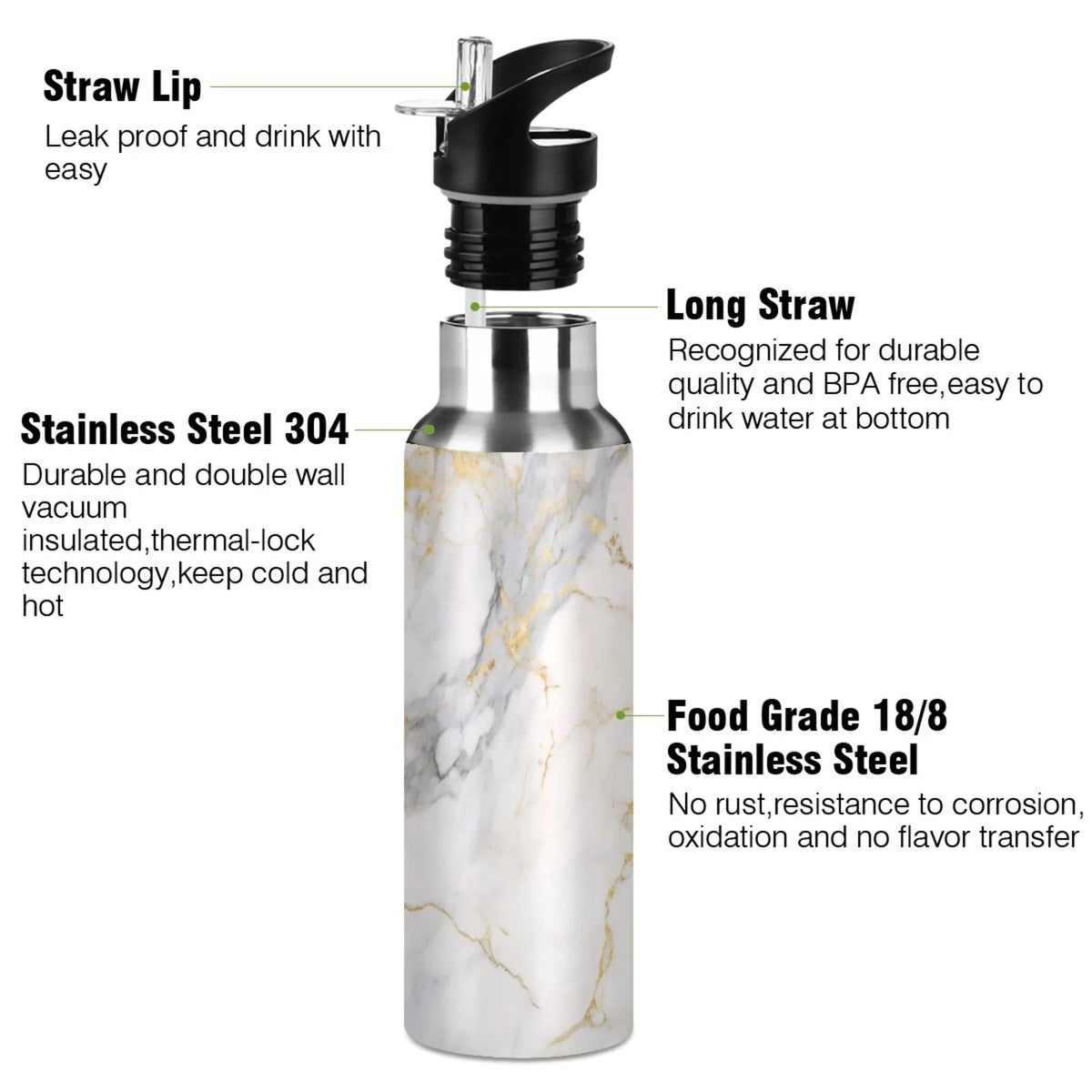 White and Golden Marble Stainless Steel Insulated Water Bottle with Straw Lid E1789