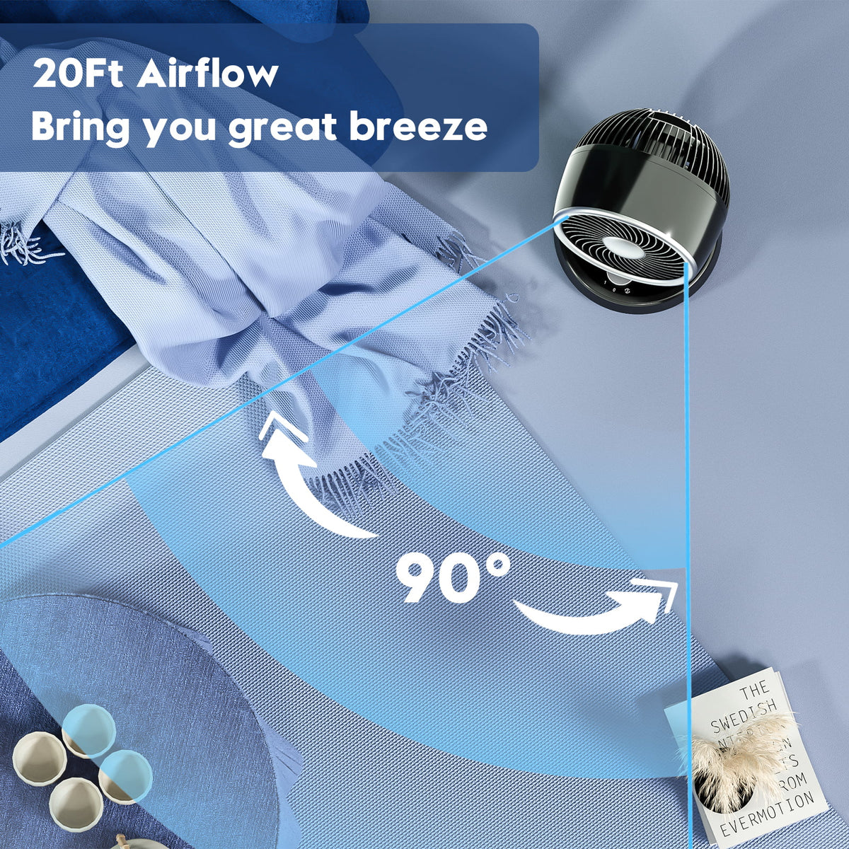 Portable Table Fan with 90° Auto-oscillation, 6 Tilting Head Settings, 3 Speeds K13271