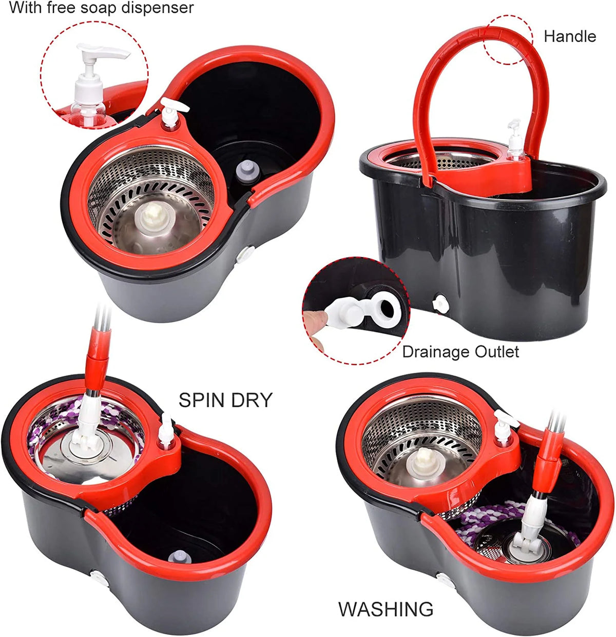 360° Rotating Stainless Steel Mop Bucket with 3x Microfiber Mop Head N5430