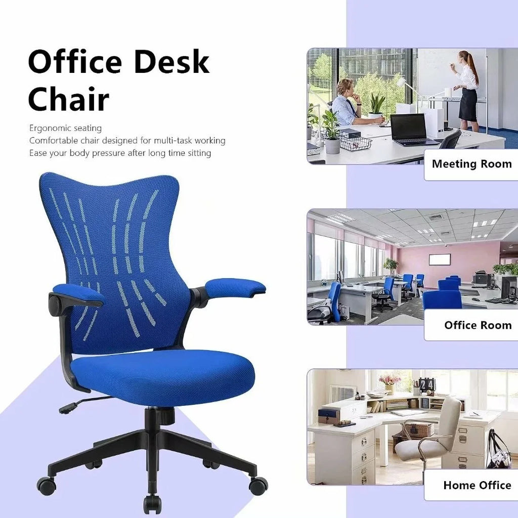 Blue Mesh Office Desk Chair with Flip Arms and Lumbar Support D360482