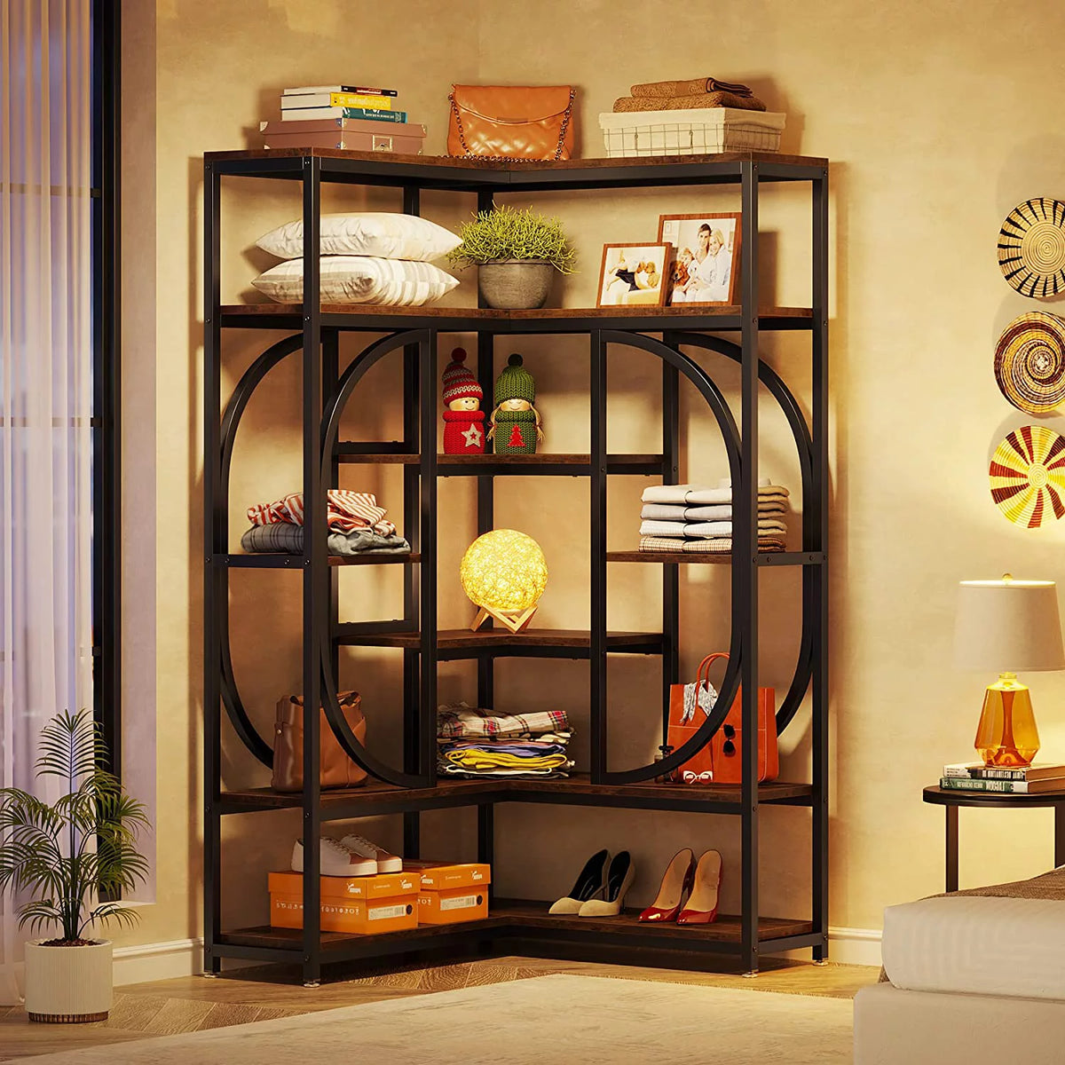 Rustic Brown & Black 7 Shelf Corner Bookshelf V9951