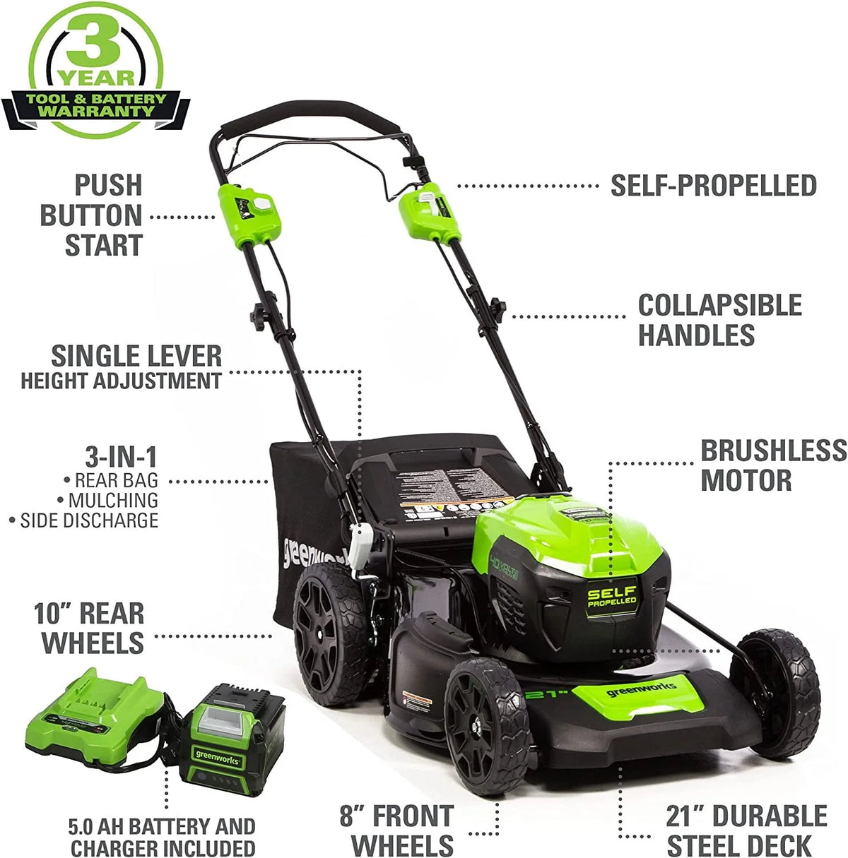 40V Self-Propelled Lawn Mower with 5.0 Ah Battery & Charger T300157