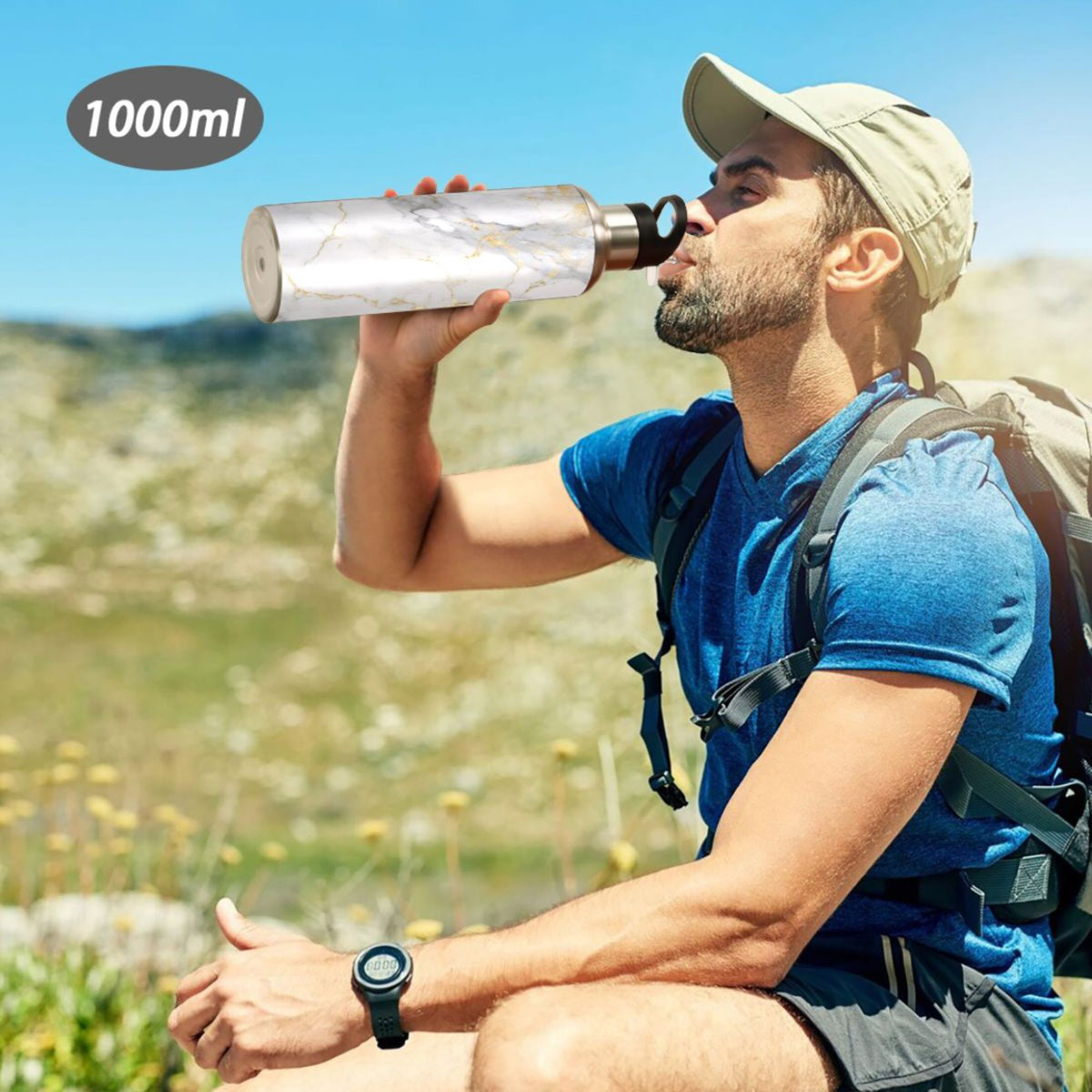 White and Golden Marble Stainless Steel Insulated Water Bottle with Straw Lid E1789