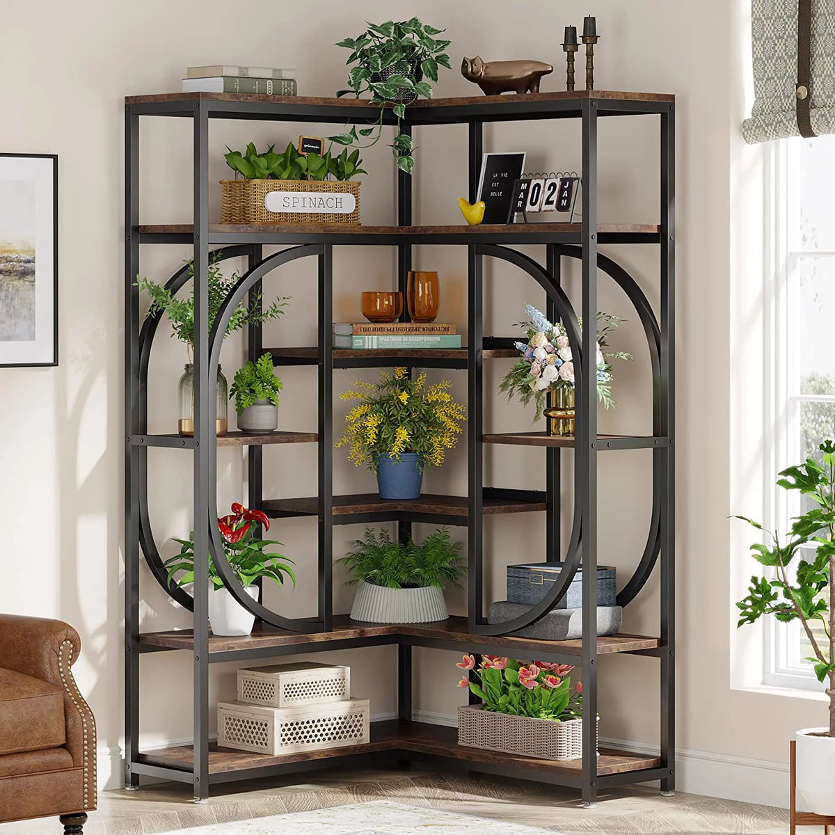 Rustic Brown & Black 7 Shelf Corner Bookshelf V9951