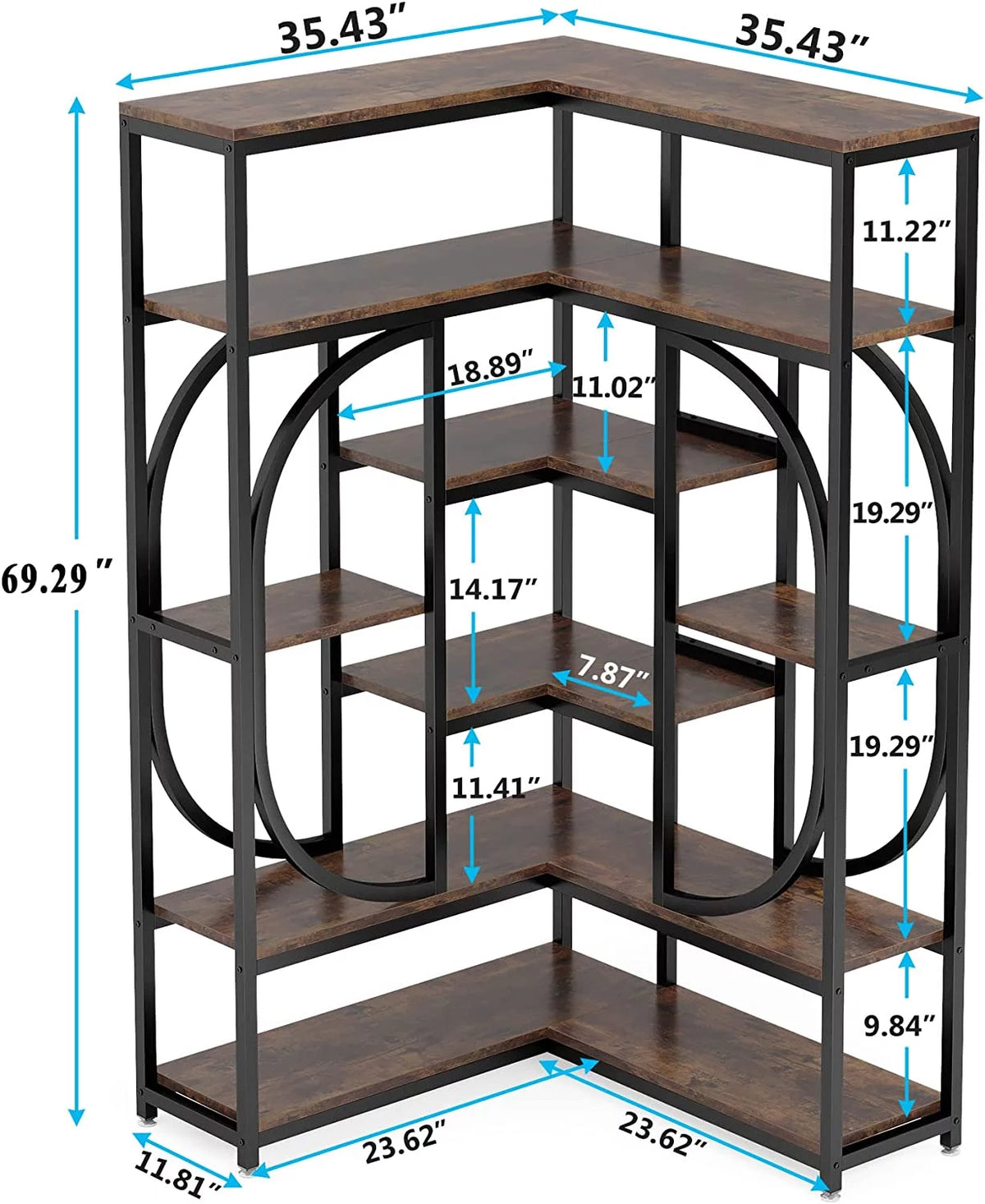 Rustic Brown & Black 7 Shelf Corner Bookshelf V9951