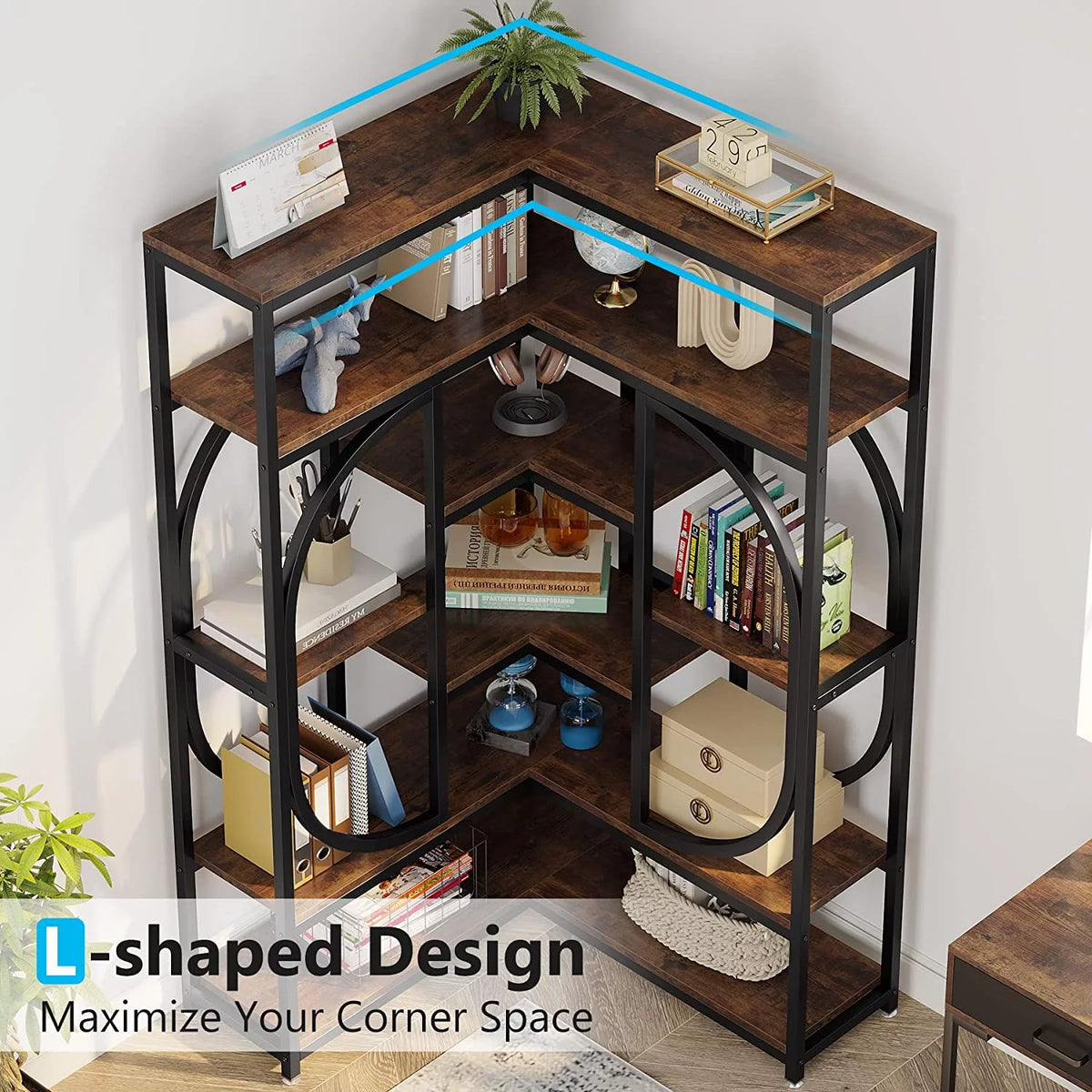 Rustic Brown & Black 7 Shelf Corner Bookshelf V9951