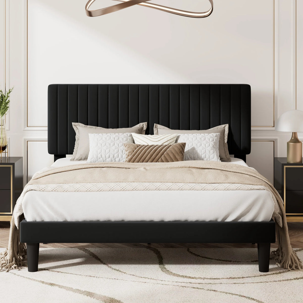 Queen Size Black Velvet Upholstered Platform Bed Frame N569461
