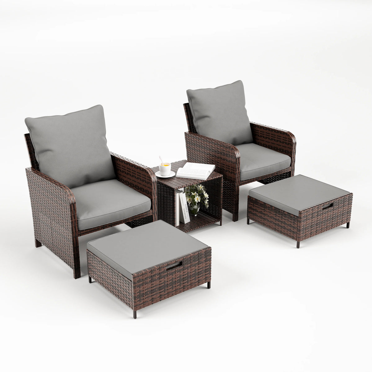 5 Piece Gray Rattan Patio Conversation Set with Ottomans and Storage Coffee Table P4212