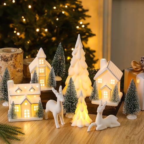 12 Pcs Ceramic Christmas Village Set with Lights L985022