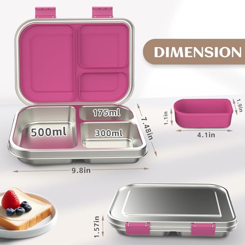 Pink 3 Compartments Leak Proof Stainless Steel Bento Lunch Box U29588