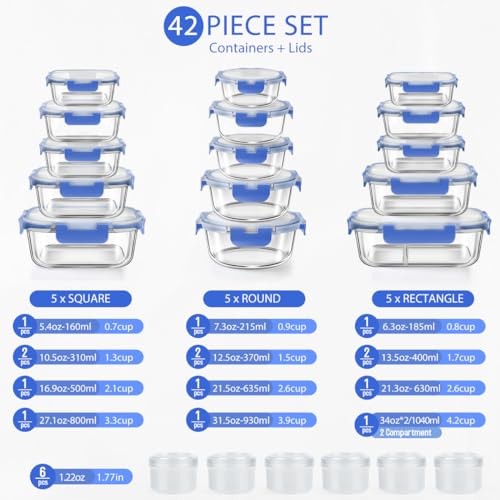 42pcs Glass Food Storage Containers with Lids Set, Blue J545616