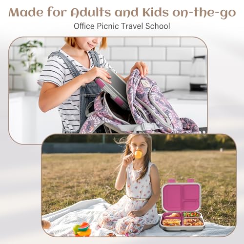 Pink 3 Compartments Leak Proof Stainless Steel Bento Lunch Box U29588