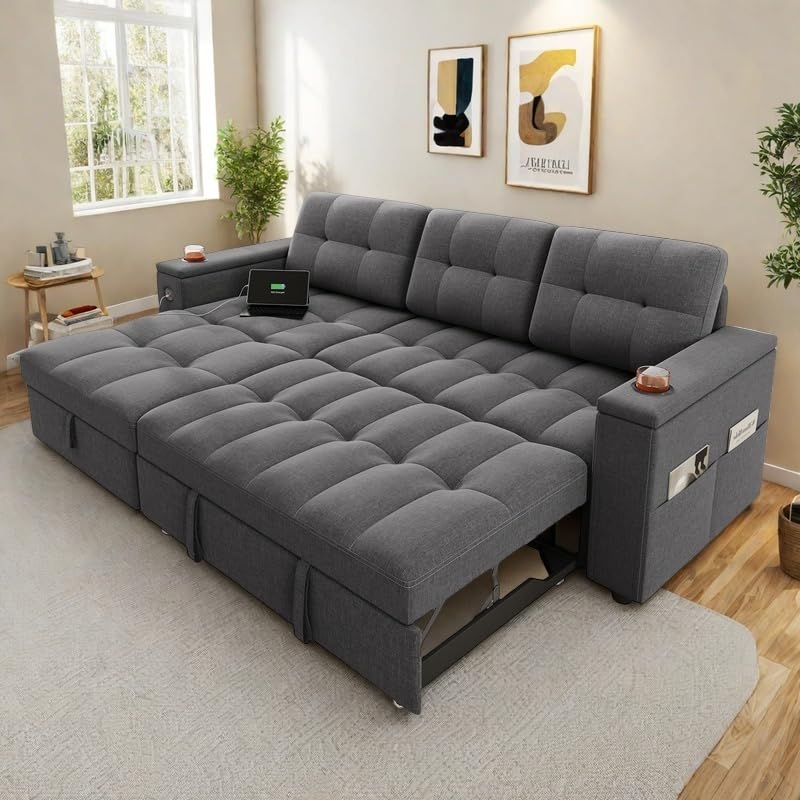 Dark Gray L-Shaped Sectional Sofa Bed with Pull Out Bed R3992