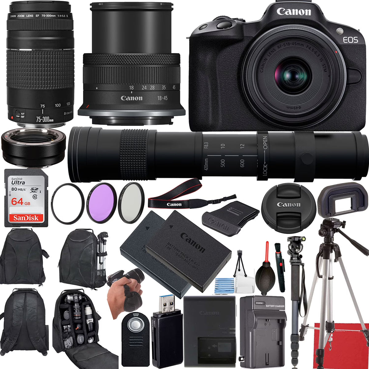 Canon EOS R50 Mirrorless Camera with 18-45mm, EF 75-300mm & 420-800mm Lenses + Mount Adapter + 20 Essential Accessories I982