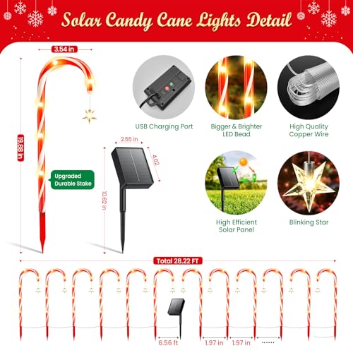 12 Pack Solar Candy Cane Lights, 72 LEDs Waterproof Outdoor Christmas Decorations Z575865