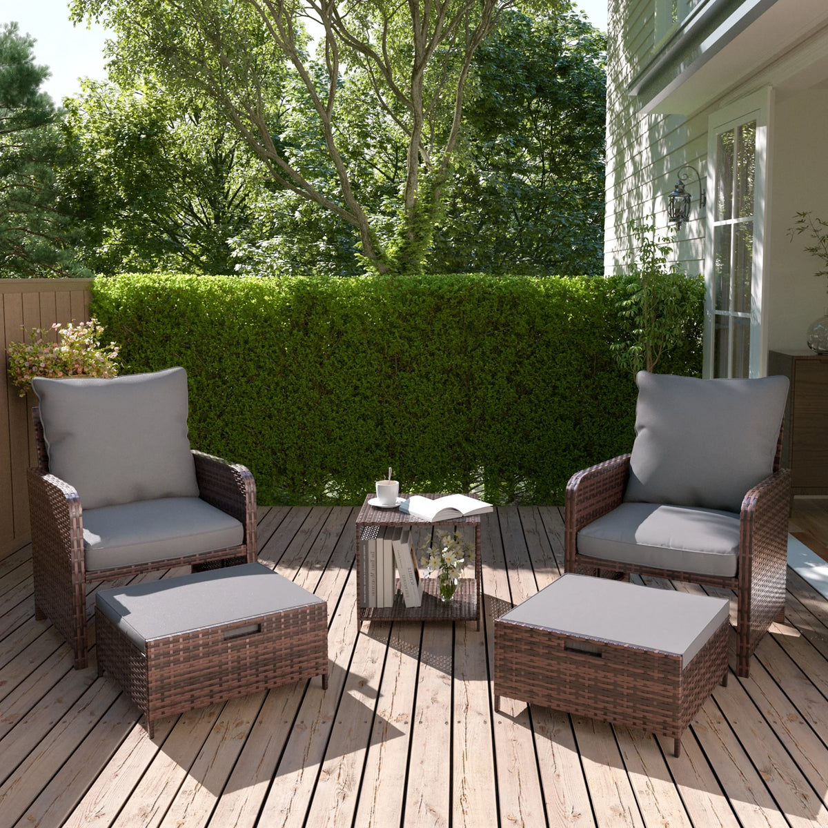 5 Piece Gray Rattan Patio Conversation Set with Ottomans and Storage Coffee Table P4212