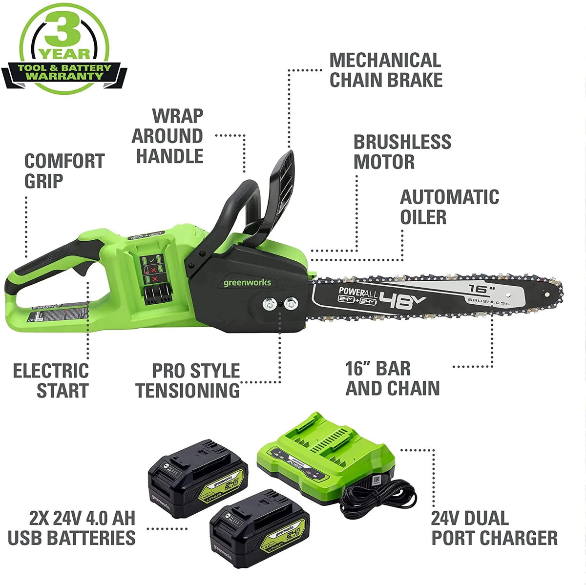48V 16-inch Brushless Chainsaw with 4Ah Batteries and Dual Port Charger L19958