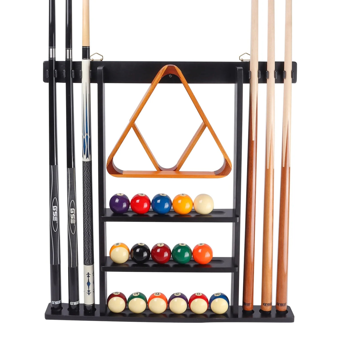 Wall Mounted Pool Cue Rack Holds 6 Cue Stick and Ball - Black Z3346