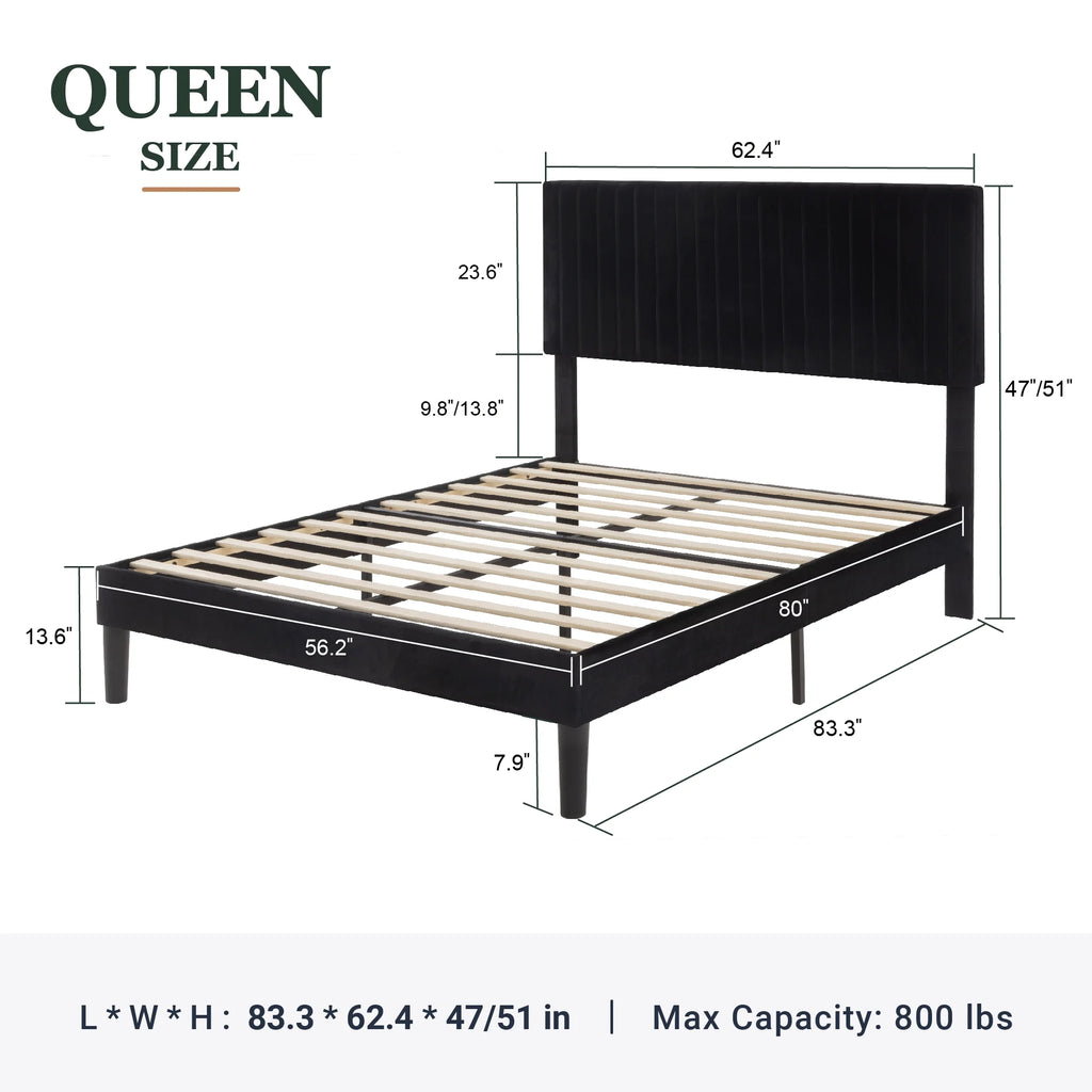 Queen Size Black Velvet Upholstered Platform Bed Frame N569461