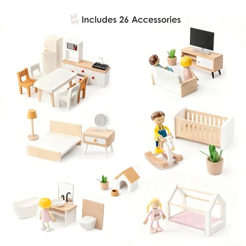 Wooden 6-Room 1:12 Scale Dollhouse with 26 Furniture G751